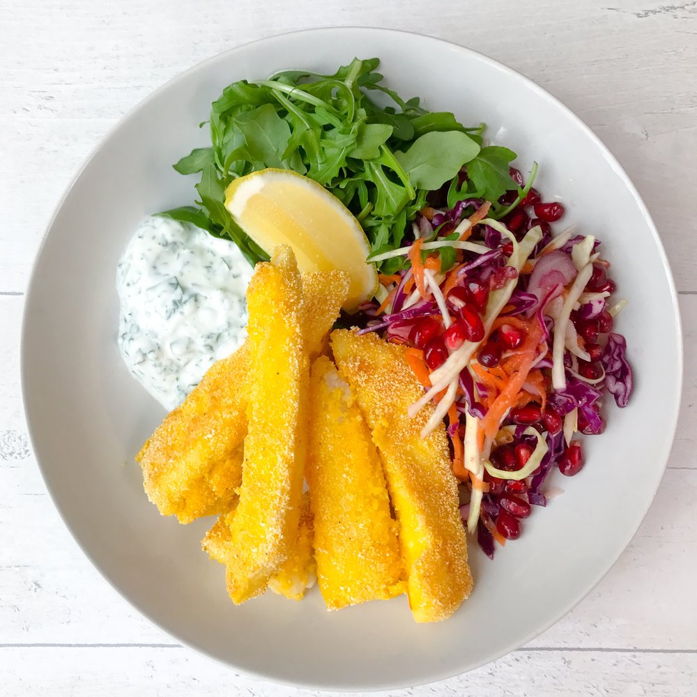 Polenta crusted fish with a crunchy slaw salad